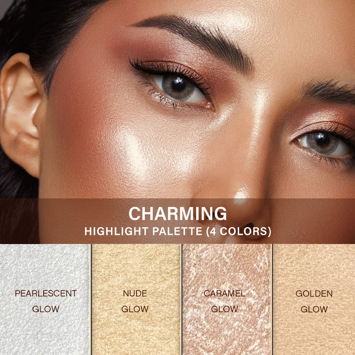 Makeup palette with 'Charming Highlight Palette' and color swatches labeled 'Pearlescent Glow', 'Nude Glow', 'Caramel Glow', and 'Golden Glow'.