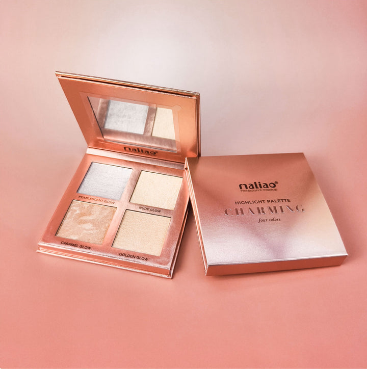 Maliao highlight palette with open case on a pink background