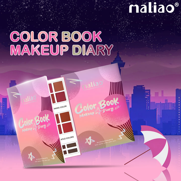 Color Book Makeup Diary packaging with Maliao branding against a cityscape background. maliao.pk