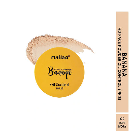 Maliao Banana Oil-Control SPF 25 face powder with packaging on a white background. maliao.pk