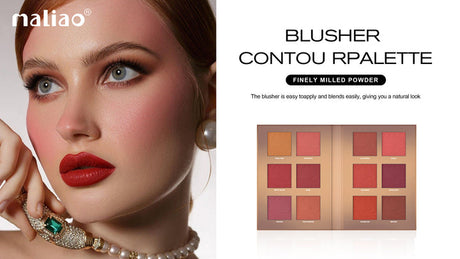 Advertisement for a makeup product featuring a woman's face and a palette of colors.