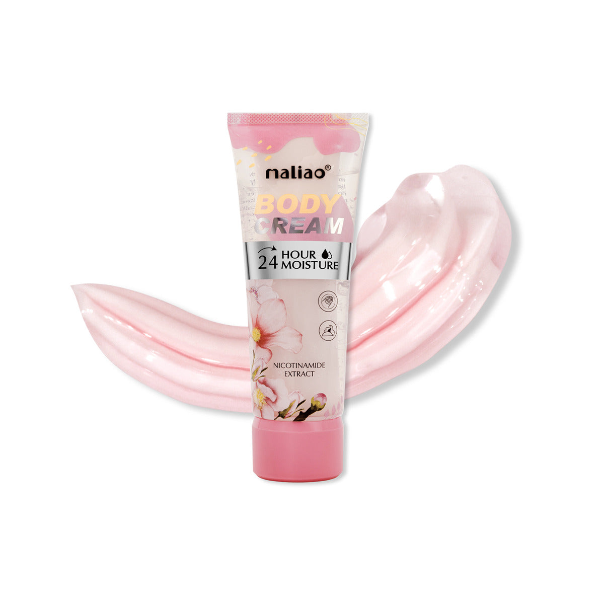Tube of Maliao body cream with pink cream swatch on a white background