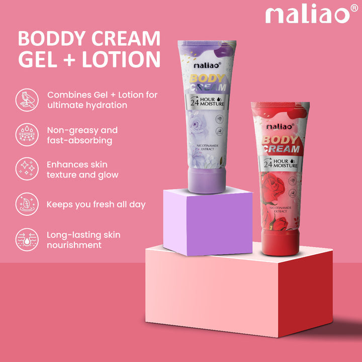 Two tubes of maliao body cream on a pink background with product features listed.