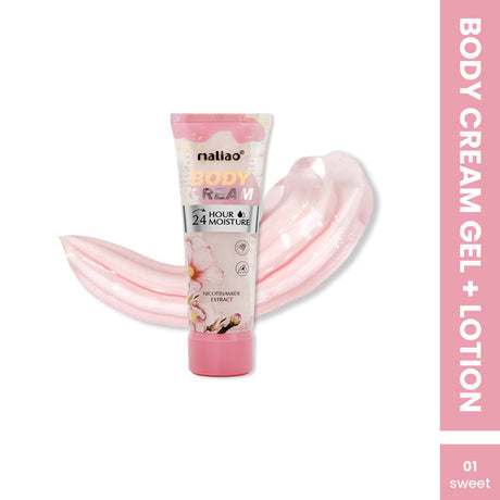 Maliao body cream gel and lotion tube with pink cream on a white background