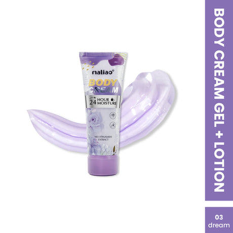 Tube of Maliao body cream gel and lotion with a purple background