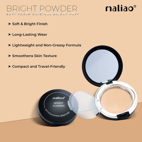 Maliao bright powder compact with features listed on a beige background