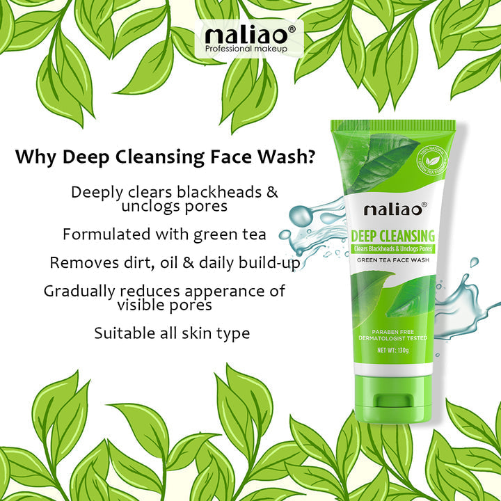 Maliao deep cleansing face wash tube with green tea leaves on a white background