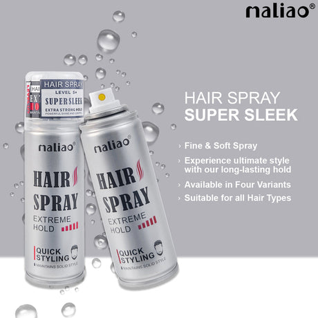 Two cans of maliao hair spray on a gray background with product details.