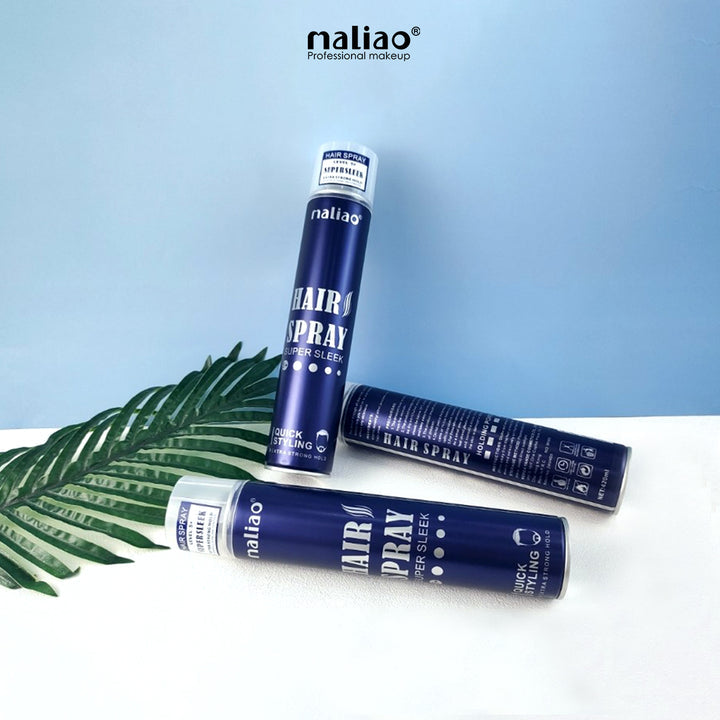 Three hair spray cans with 'maliao' branding on a light blue and white background.