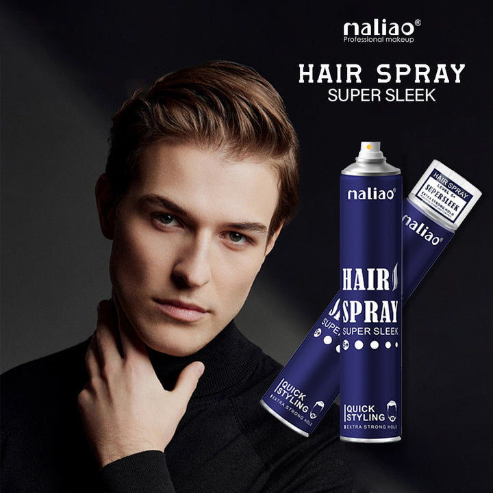 Person with styled hair next to Maliao hair spray products on a dark background