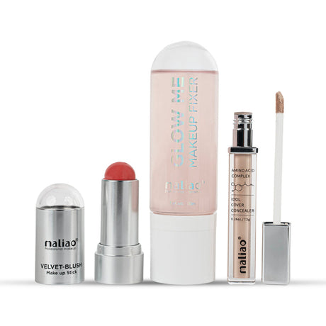 Set of makeup products including a blush stick, makeup fixer and concealer on a white background .maliao.pk