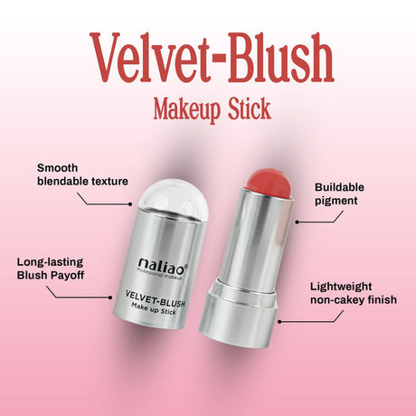 Maliao Velvet-Blush makeup stick on a pink background with text highlighting features. maliao.pk
