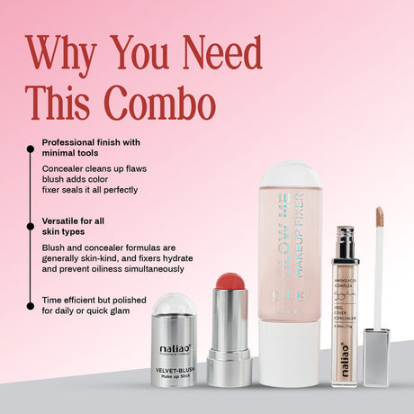 Makeup products including a blush, makeup fixer, and concealer on a pink background with text about their benefits. maliao.pk