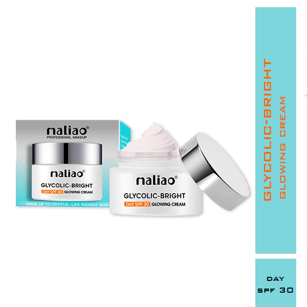 Maliao Glycolic-Bright Glowing Cream with packaging on a white background. maliao.pk