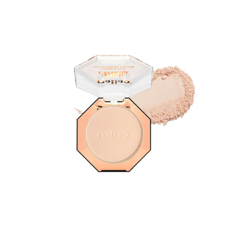 Compact powder in an open hexagonal case with 'maliao' branding on a white background.
