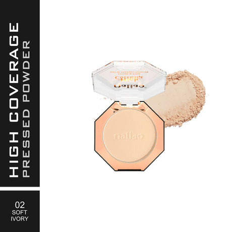 High coverage pressed powder with open container and powder on a white background