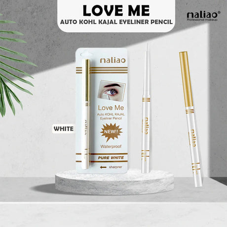 Maliao Love Me Auto Kohl Kajal Eveliner Pencil packaging on a gray background. maliao.pk