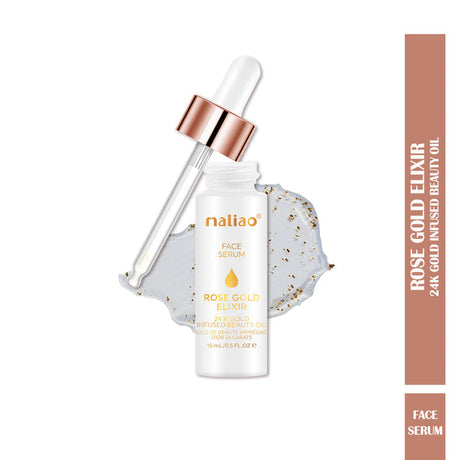 Maliao Rose Gold Elixir face serum bottle with dropper on a white background. maliao.pk
