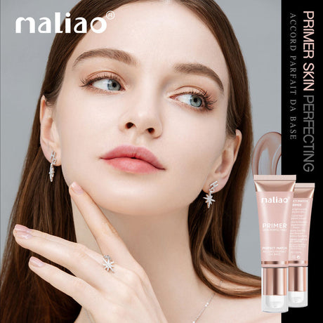 Woman with a smooth complexion and Maliao skincare products on a gray background. maliao.pk