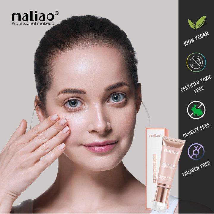 Woman applying makeup with Maliao product on a neutral background. maliao.pk