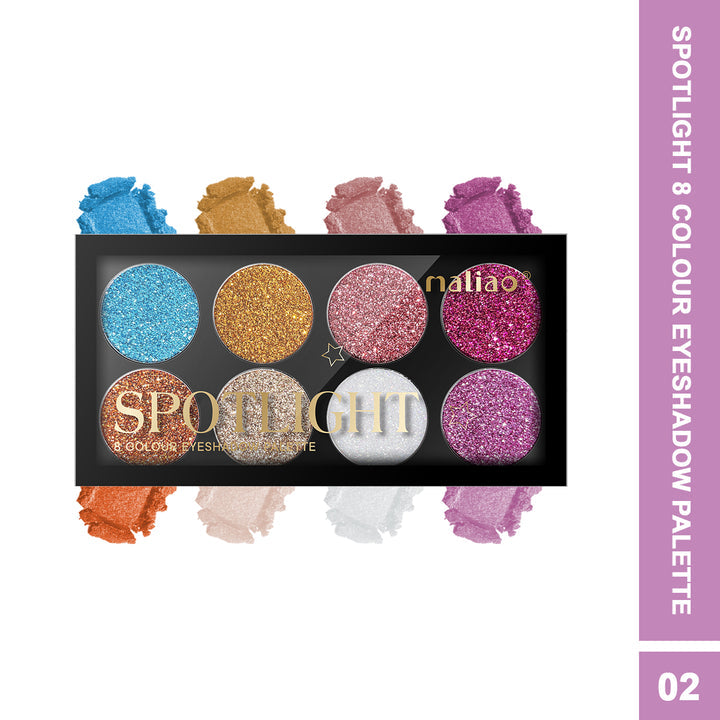Maliao Spotlight 8 Colour Eyeshadow Palette with glittery shades on a white background