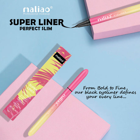 Maliao Super Liner Perfect Slim makeup product on a pink and blue background. maliao.pk