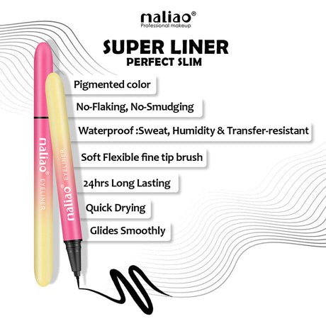 Maliao Super Liner Perfect Slim makeup product with features listed on a white background. maliao.pk