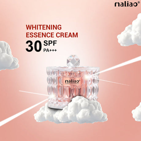 Maliao whitening essence cream bottle on clouds with SPF and PA+++ text on a pink background. maliao.pk