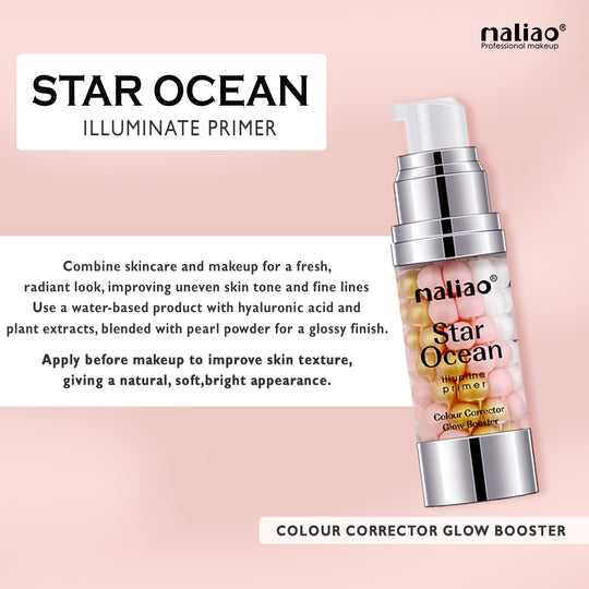 Maliao Star Ocean Illuminate Primer bottle on a pink background with product description text. maliao.pk