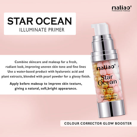 Maliao Star Ocean Illuminate Primer bottle on a pink background with product description text. maliao.pk