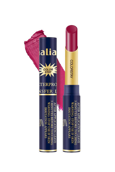 Lipstick with blue and gold packaging on a white background
