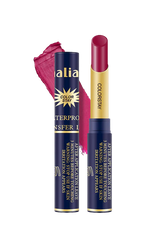 Lipstick with blue and gold packaging on a white background