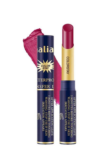 Lipstick with blue and gold packaging on a white background