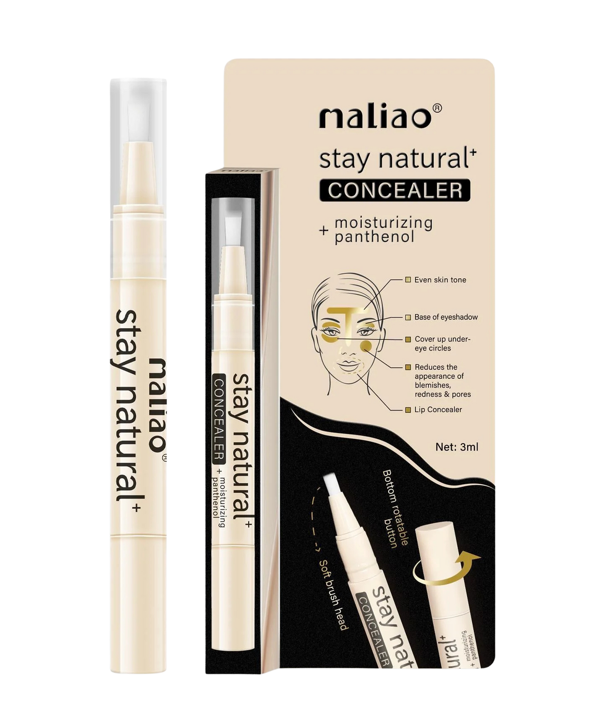 Maliao stay natural concealer with packaging on a white background