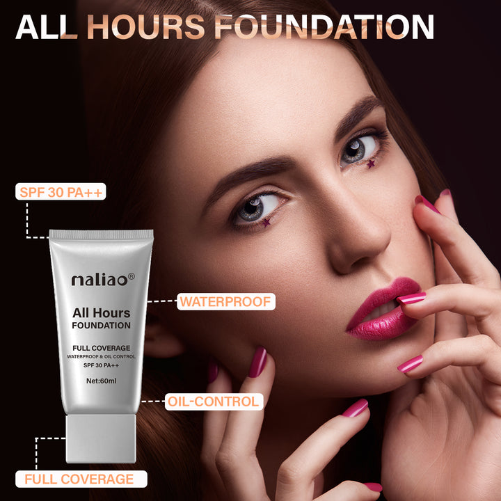 Maliao All Hours Foundation Full Coverage, Waterproof, Oil Control, SPF 30 PA++