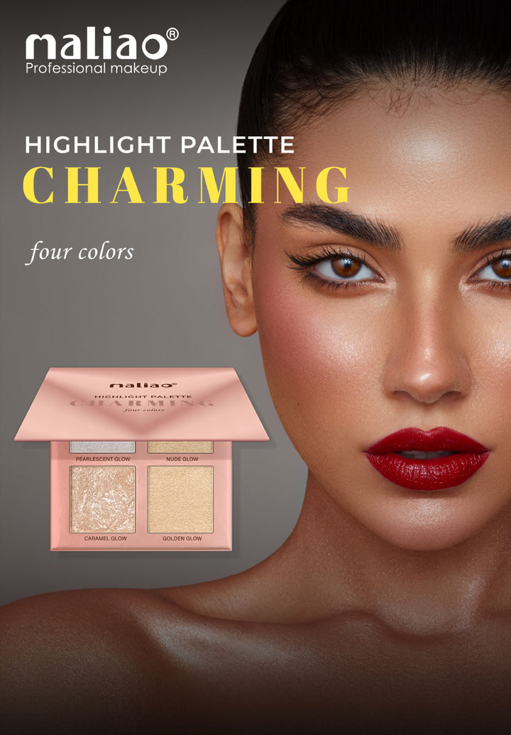 Maliao highlight palette with a model wearing makeup, on a dark background