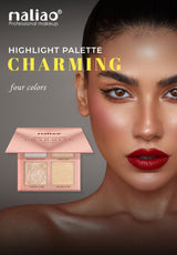 Maliao highlight palette with a model wearing makeup, on a dark background