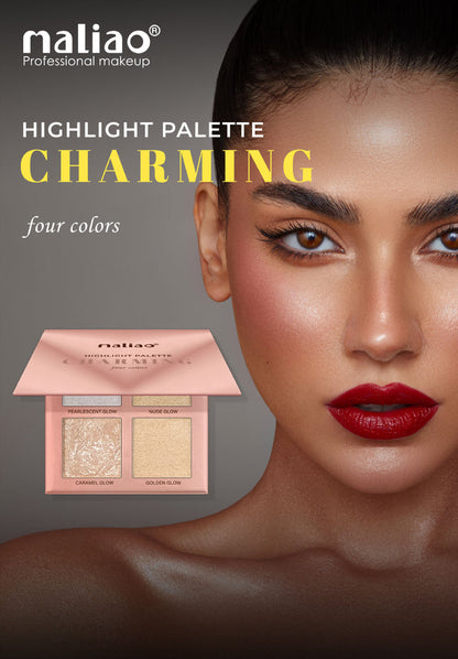 Maliao highlight palette with a model wearing makeup, on a dark background