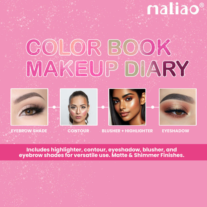 Makeup product advertisement with Maliao brand on a pink background. maliao.pk