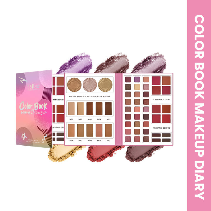 Makeup palette with color swatches and 'Color Book Makeup Diary' packaging on a white background. maliao.pk