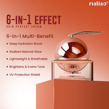 Maliao 6-in-1 Effect skin perfect cream with product packaging on a peach background. maliao.pk