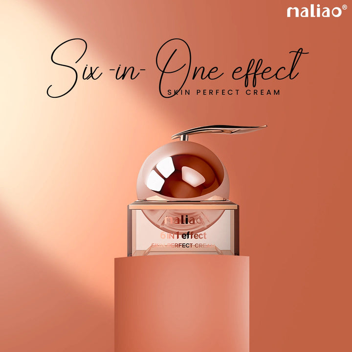 Skin perfect cream with 'Six-in-One effect' on a peach-colored background, featuring the brand 'maliao'. maliao.pk