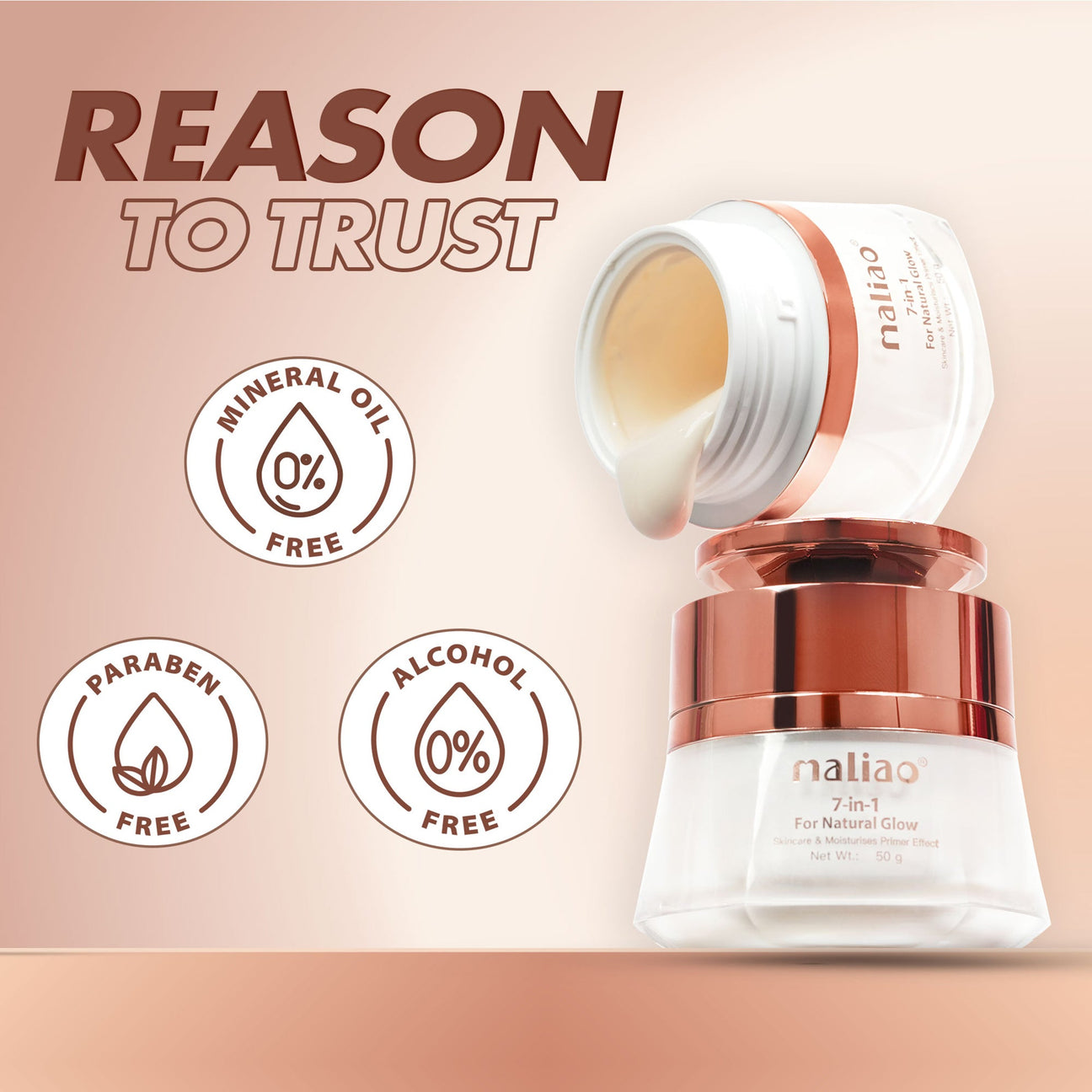 Maliao Cosmetic jar with 'Reason to Trust' text and ingredient-free icons on a pink background. maliao.pk