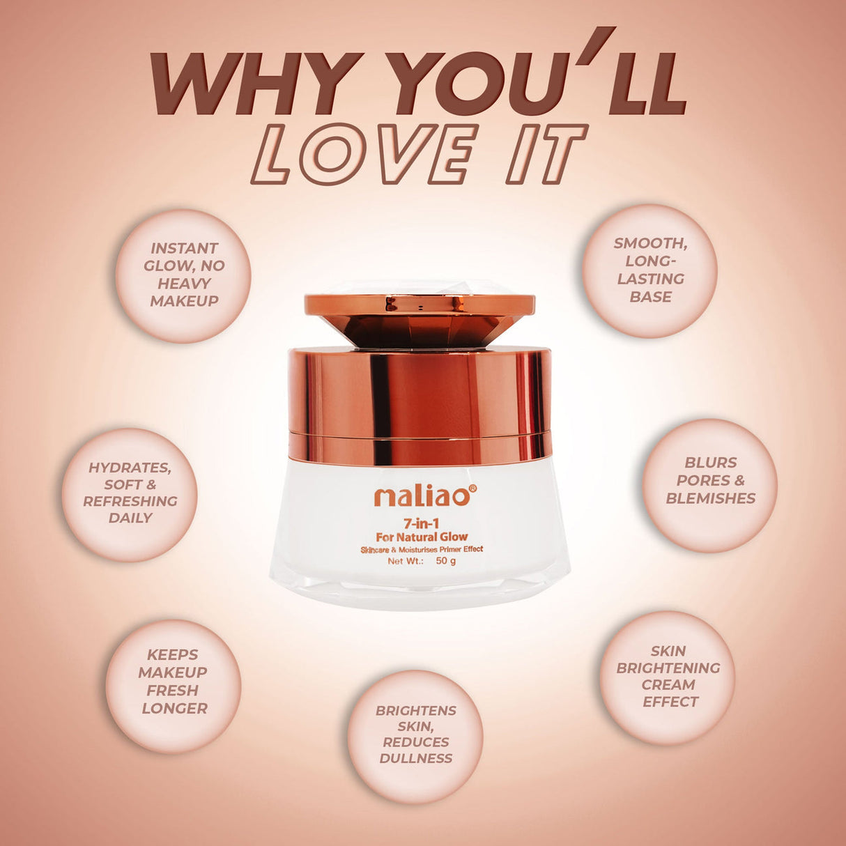 Maliao skincare product with features listed on a peach background. maliao.pk