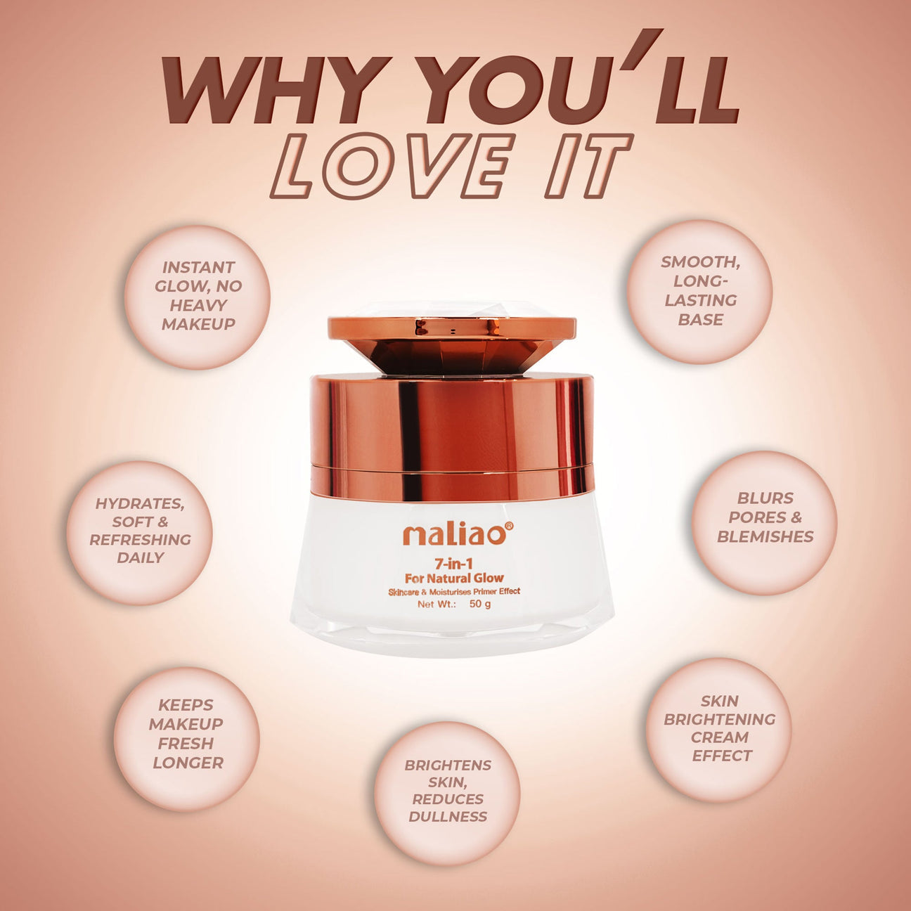 Maliao skincare product with features listed on a peach background. maliao.pk