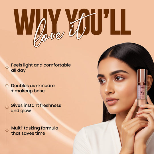 Woman holding a skincare product with text on a beige background. maliao.pk