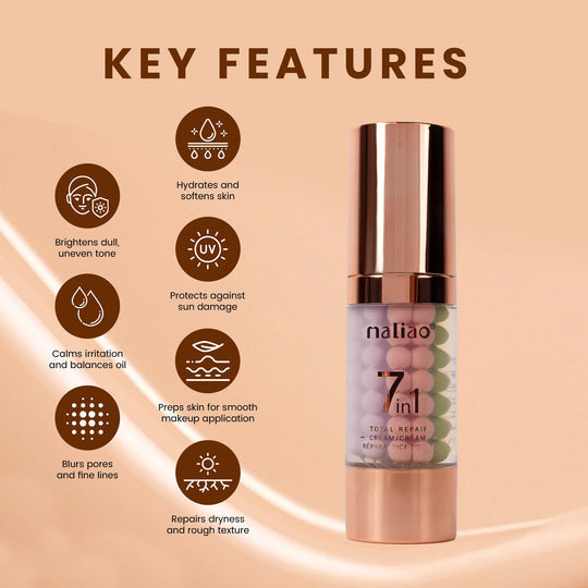 Maliao skincare serum bottle with key features on a beige background. maliao.pk