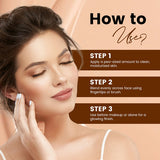 Woman applying skincare product with step-by-step instructions on a beige background. maliao.pk