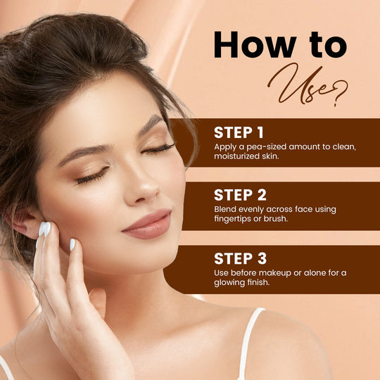 Woman applying skincare product with step-by-step instructions on a beige background. maliao.pk
