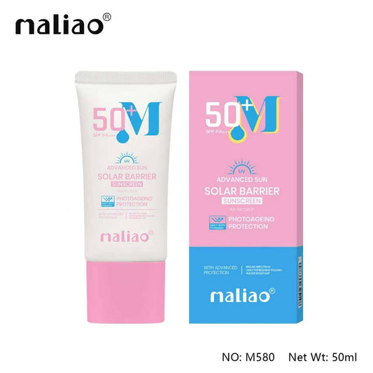 Naliao 50+M Solar Barrier Sunscreen SPF 50 in a 50ml squeeze tube and matching outer box, shown on a white background with the Naliao brand logo at the top left.